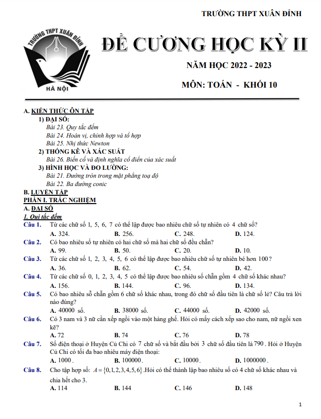 Đề cương học kỳ 2 Toán 10 năm 2022 – 2023 trường THPT Xuân Đỉnh – Hà Nội