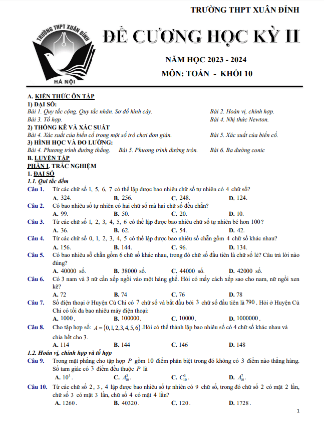 Đề cương học kỳ 2 Toán 10 năm 2023 – 2024 trường THPT Xuân Đỉnh – Hà Nội