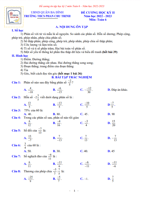 Đề cương học kỳ 2 Toán 6 năm 2022 – 2023 trường THCS Phan Chu Trinh – Hà Nội