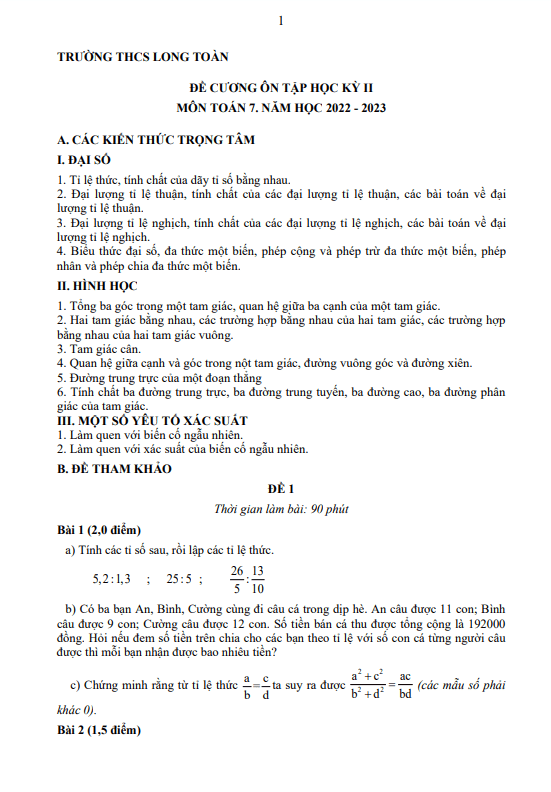 Đề cương học kỳ 2 Toán 7 năm 2022 – 2023 trường THCS Long Toàn – BR VT