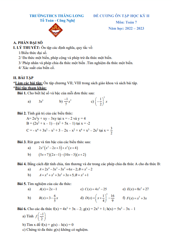 Đề cương học kỳ 2 Toán 7 năm 2022 – 2023 trường THCS Thăng Long – Hà Nội