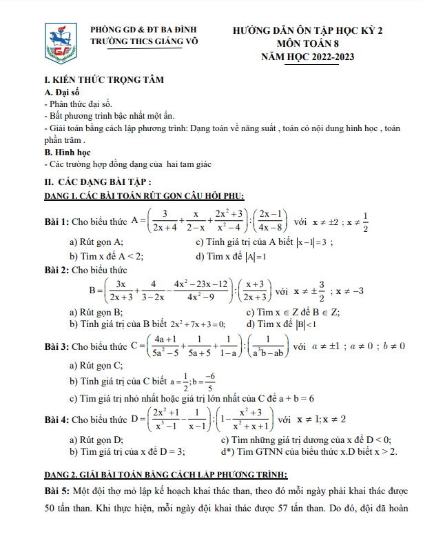 Đề cương học kỳ 2 Toán 8 năm 2022 – 2023 trường THCS Giảng Võ – Hà Nội