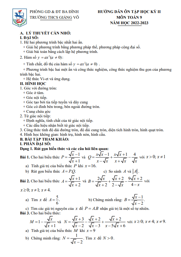 Đề cương học kỳ 2 Toán 9 năm 2022 – 2023 trường THCS Giảng Võ – Hà Nội