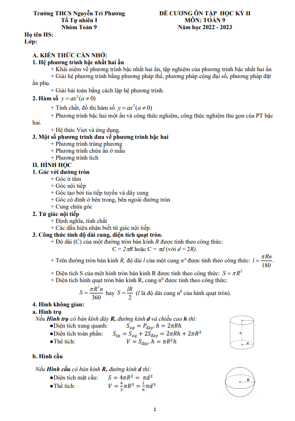 Đề cương học kỳ 2 Toán 9 năm 2022 – 2023 trường THCS Nguyễn Tri Phương – Hà Nội