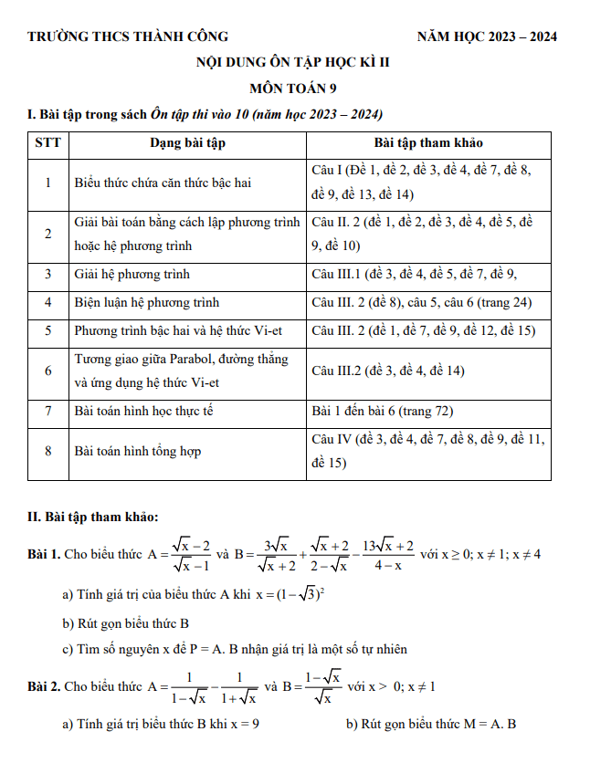 Đề cương học kỳ 2 Toán 9 năm 2023 – 2024 trường THCS Thành Công – Hà Nội