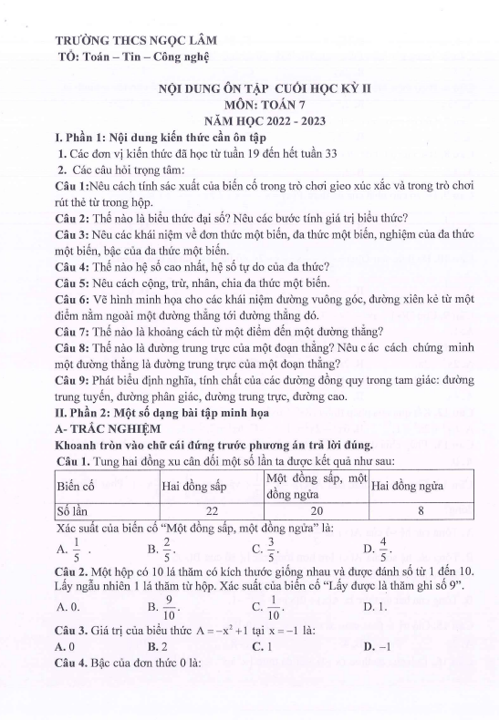 Đề cương ôn tập cuối kì 2 Toán 7 năm 2022 – 2023 trường THCS Ngọc Lâm – Hà Nội