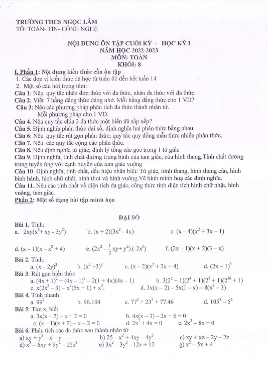 Đề cương ôn tập cuối kỳ 1 Toán 8 năm 2022 – 2023 trường THCS Ngọc Lâm – Hà Nội