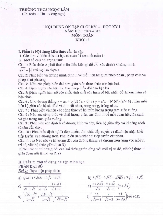 Đề cương ôn tập cuối kỳ 1 Toán 9 năm 2022 – 2023 trường THCS Ngọc Lâm – Hà Nội