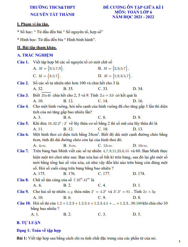 Đề cương ôn tập giữa HK1 Toán 6 năm 2021 – 2022 trường Nguyễn Tất Thành – Hà Nội