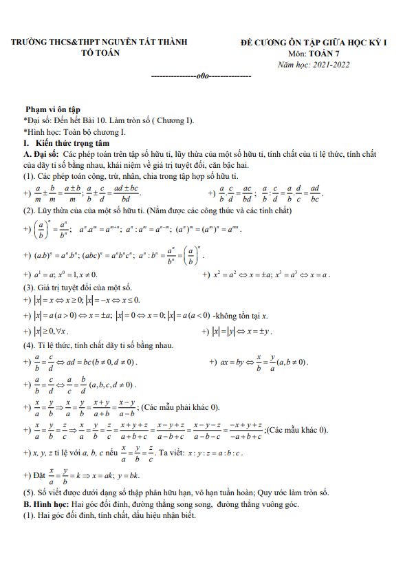 Đề cương ôn tập giữa HK1 Toán 7 năm 2021 – 2022 trường Nguyễn Tất Thành – Hà Nội