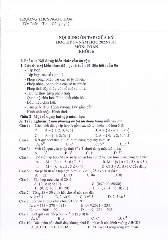 Đề cương ôn tập giữa kì 1 Toán 6 năm 2022 – 2023 trường THCS Ngọc Lâm – Hà Nội