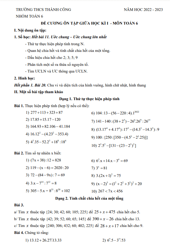 Đề cương ôn tập giữa kì 1 Toán 6 năm 2022 – 2023 trường THCS Thành Công – Hà Nội