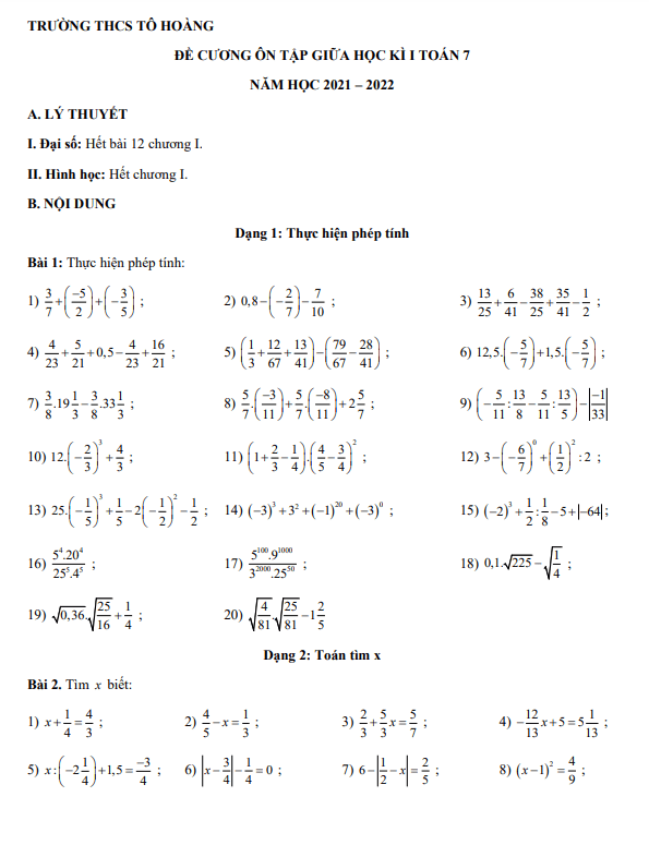 Đề cương ôn tập giữa kì 1 Toán 7 năm 2021 – 2022 trường THCS Tô Hoàng – Hà Nội