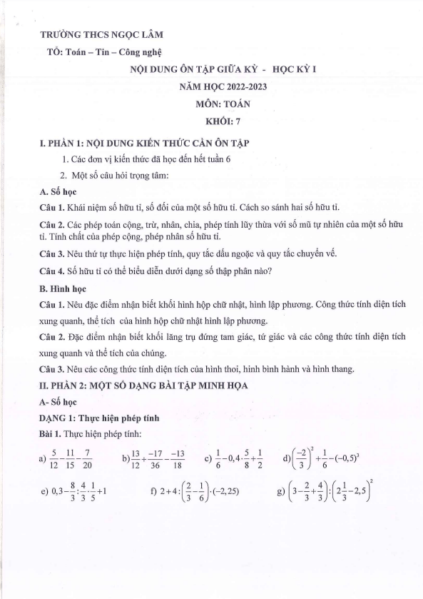 Đề cương ôn tập giữa kì 1 Toán 7 năm 2022 – 2023 trường THCS Ngọc Lâm – Hà Nội