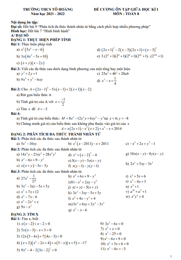 Đề cương ôn tập giữa kì 1 Toán 8 năm 2021 – 2022 trường THCS Tô Hoàng – Hà Nội