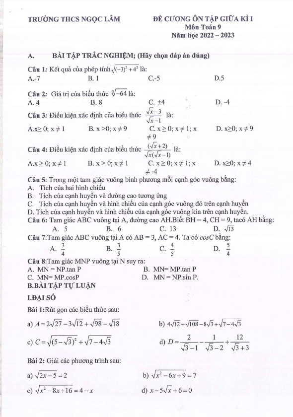 Đề cương ôn tập giữa kì 1 Toán 9 năm 2022 – 2023 trường THCS Ngọc Lâm – Hà Nội