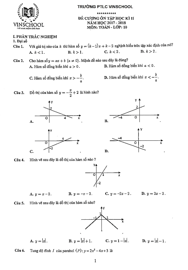 Đề cương ôn tập HK2 Toán 10 năm 2017 – 2018 trường PTLC Vinschool – Hà Nội