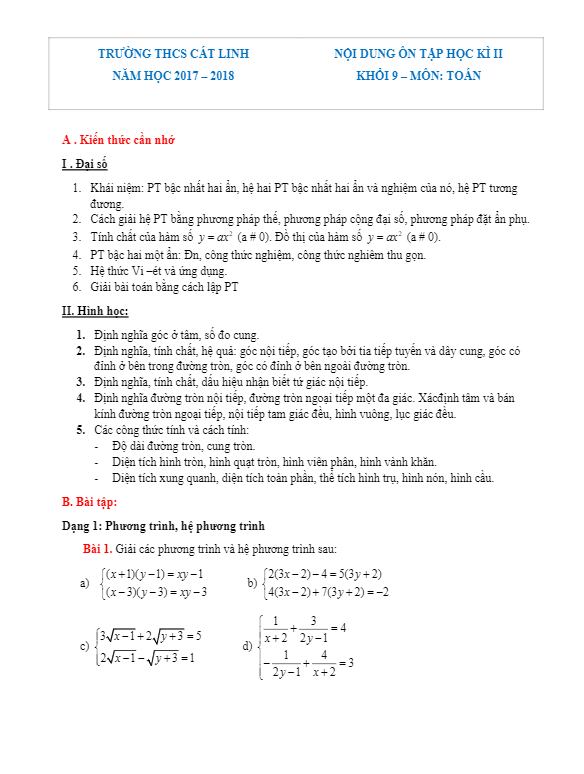 Đề cương ôn tập HK2 Toán 9 năm 2017 – 2018 trường THCS Cát Linh – Hà Nội