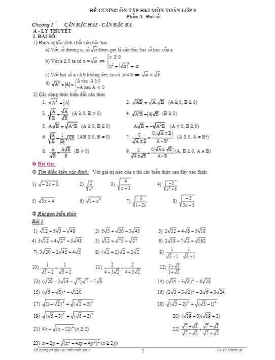 Đề cương ôn tập HKI môn Toán lớp 9 – Vũ Khánh Hạ