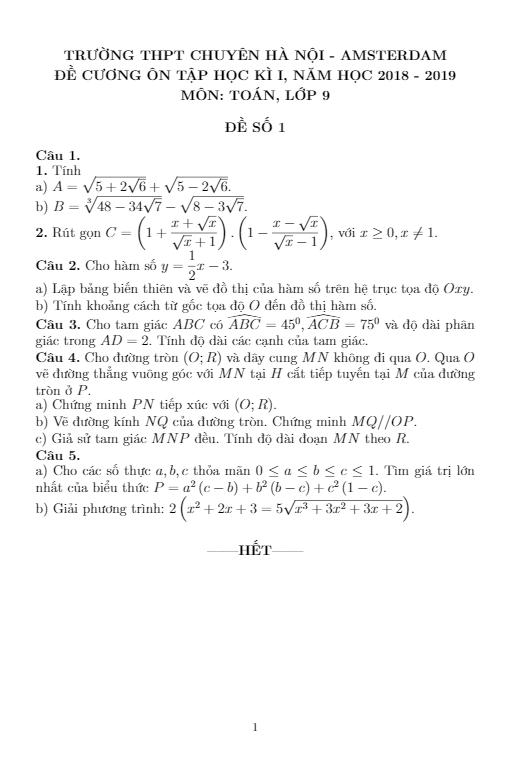 Đề cương ôn tập HKI Toán 9 năm 2018 – 2019 trường chuyên Hà Nội – Amsterdam