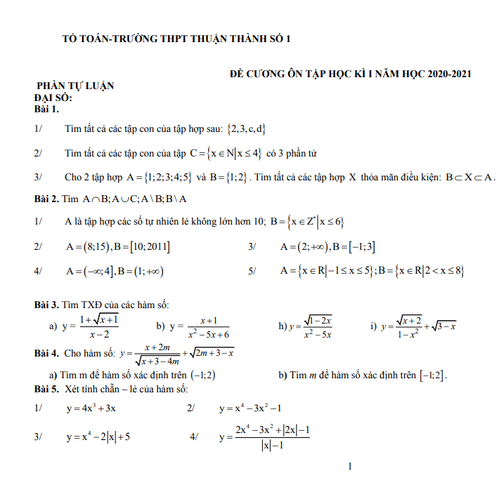 Đề cương ôn tập học kì 1 Toán 10 năm 2020 – 2021 trường THPT Thuận Thành 1 – Bắc Ninh