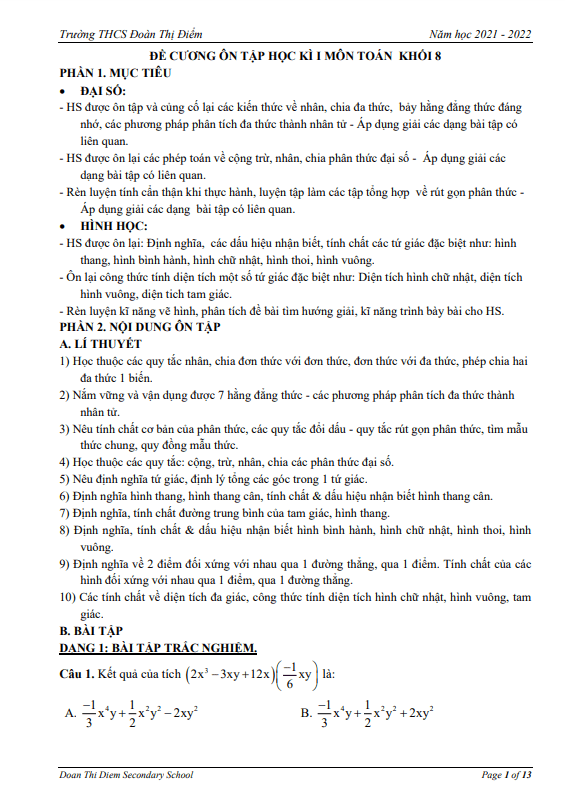 Đề cương ôn tập học kì 1 Toán 8 năm 2021 – 2022 trường THCS Đoàn Thị Điểm – Hà Nội