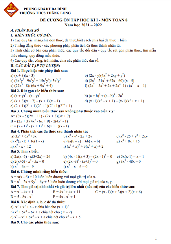 Đề cương ôn tập học kì 1 Toán 8 năm 2021 – 2022 trường THCS Thăng Long – Hà Nội