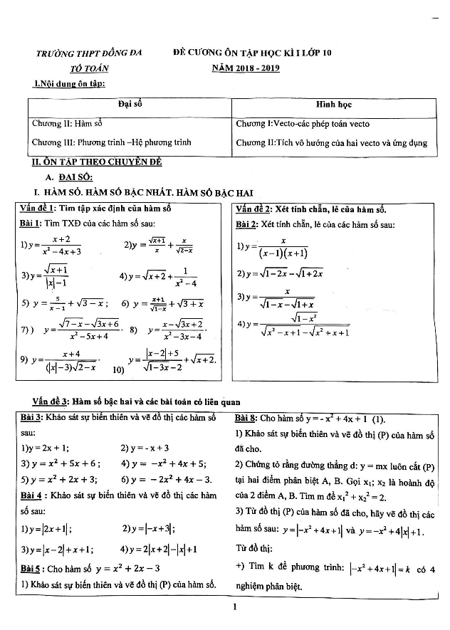 Đề cương ôn tập học kỳ 1 Toán 10 năm 2018 – 2019 trường THPT Đống Đa – Hà Nội