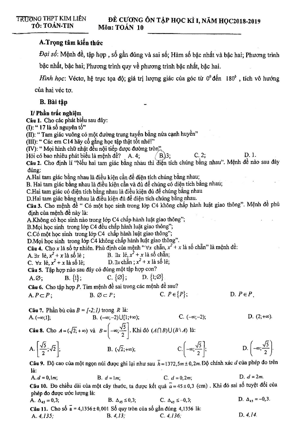 Đề cương ôn tập học kỳ 1 Toán 10 năm 2018 – 2019 trường THPT Kim Liên – Hà Nội