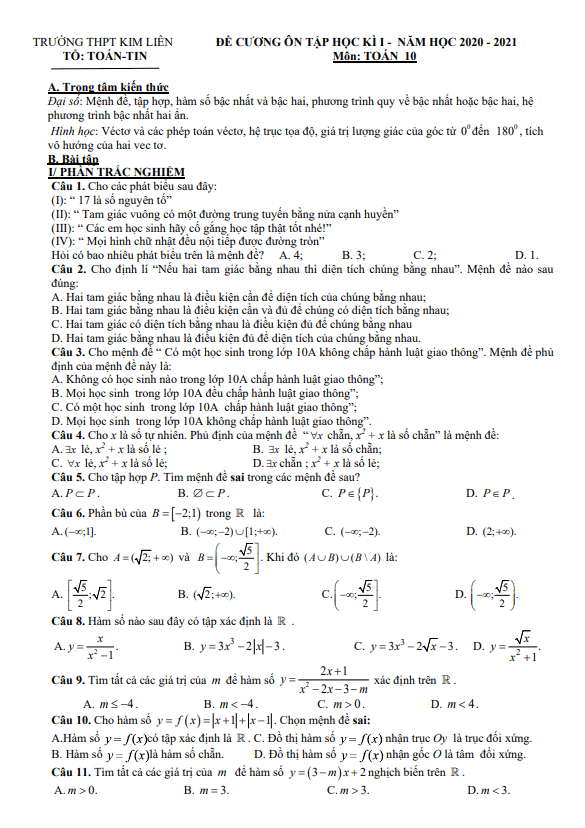 Đề cương ôn tập học kỳ 1 Toán 10 năm 2020 – 2021 trường THPT Kim Liên – Hà Nội