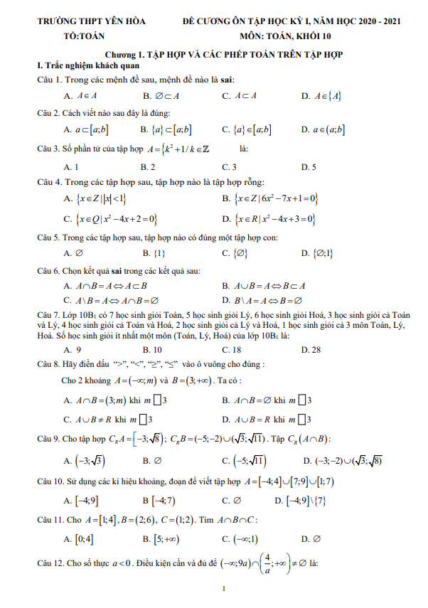Đề cương ôn tập học kỳ 1 Toán 10 năm 2020 – 2021 trường THPT Yên Hòa – Hà Nội