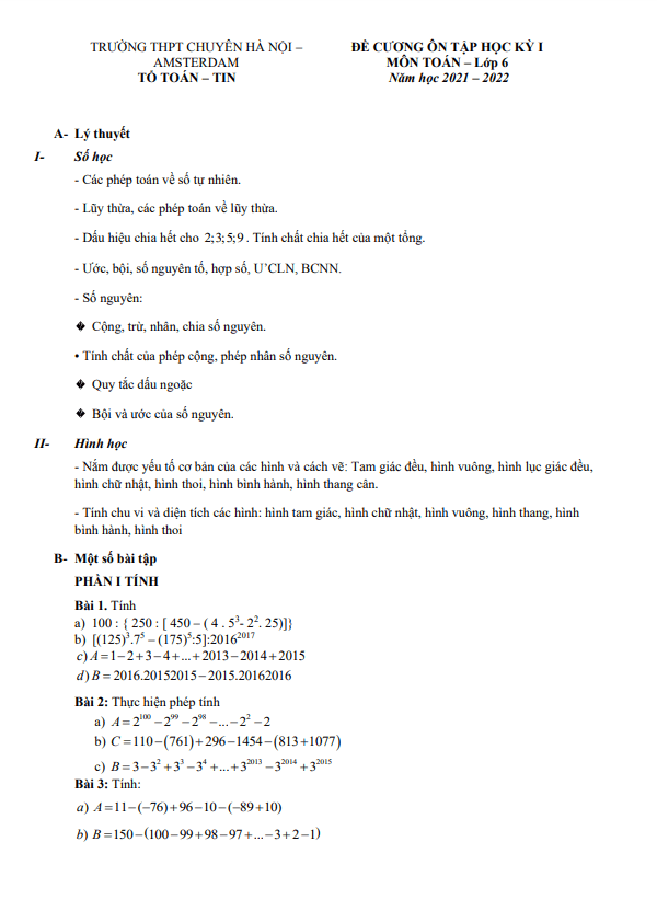 Đề cương ôn tập học kỳ 1 Toán 6 năm 2021 – 2022 trường chuyên Hà Nội – Amsterdam