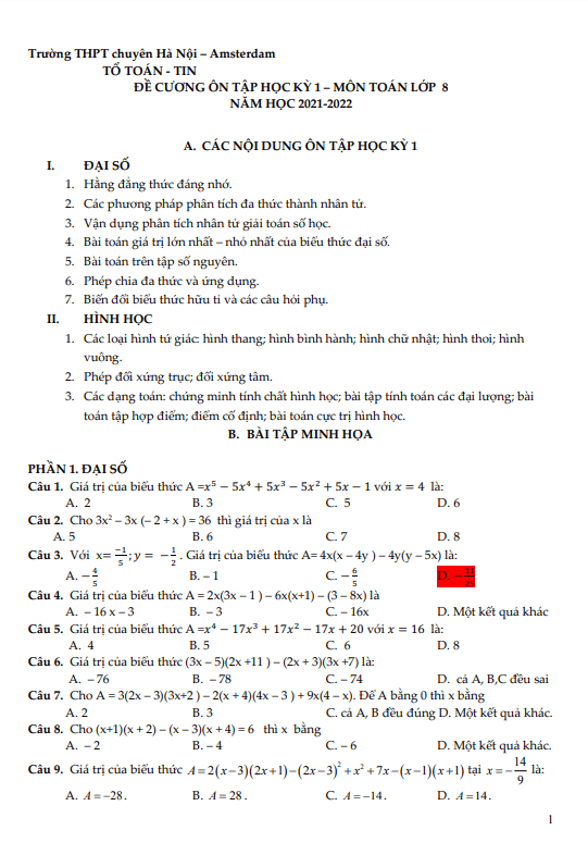 Đề cương ôn tập học kỳ 1 Toán 8 năm 2021 – 2022 trường chuyên Hà Nội – Amsterdam