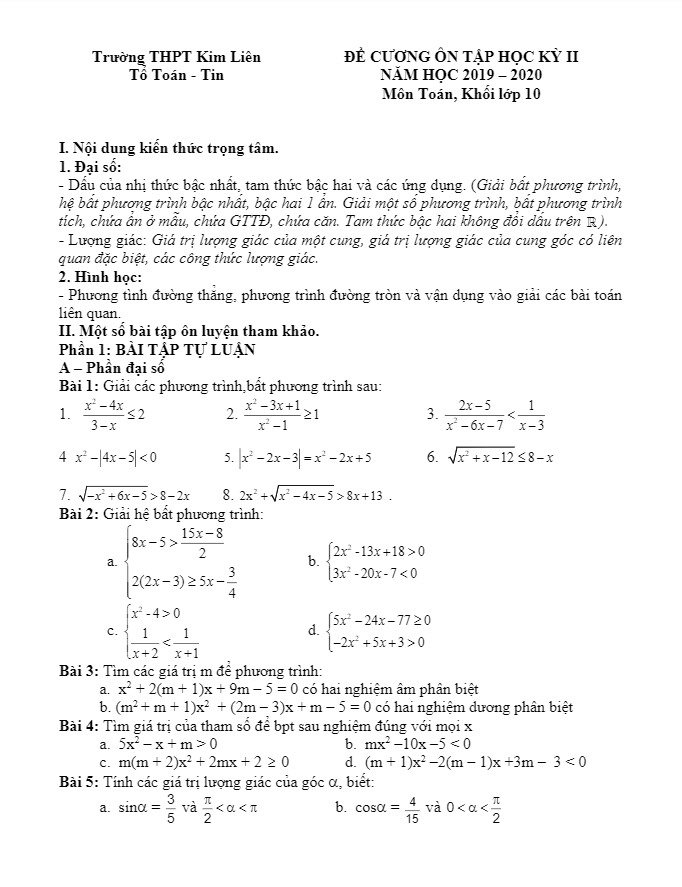 Đề cương ôn tập học kỳ 2 Toán 10 năm 2019 – 2020 trường THPT Kim Liên – Hà Nội
