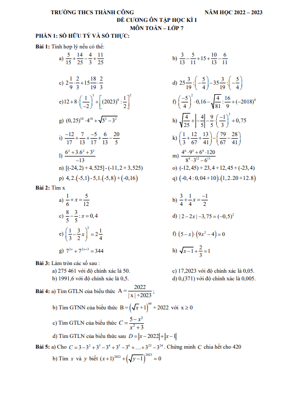 Đề cương ôn tập kì 1 Toán 7 năm 2022 – 2023 trường THCS Thành Công – Hà Nội