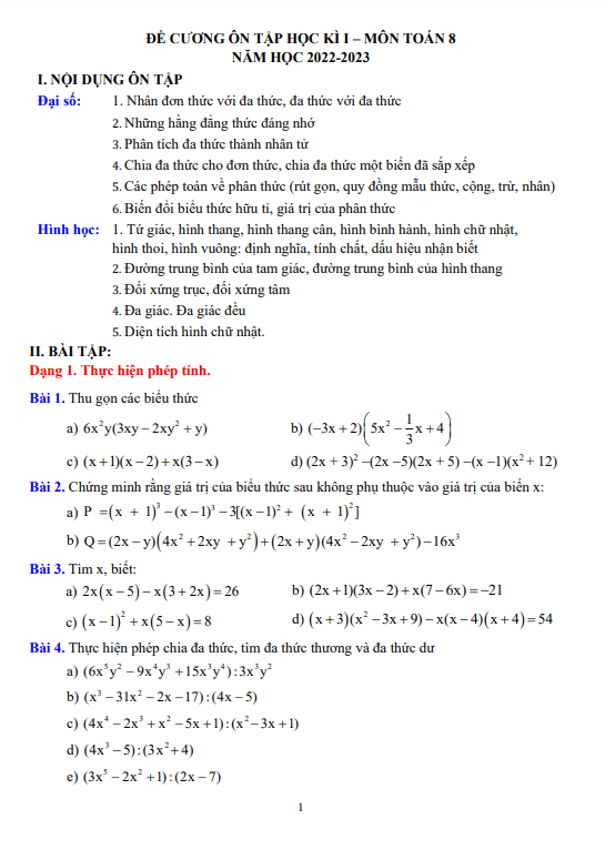 Đề cương ôn tập kì 1 Toán 8 năm 2022 – 2023 trường THCS Thành Công – Hà Nội