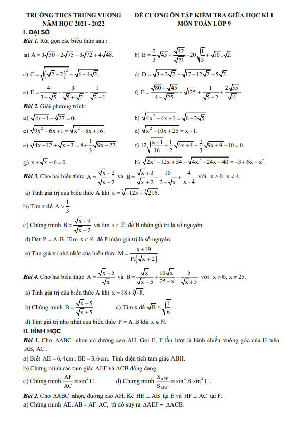 Đề cương ôn tập thi giữa kì 1 Toán 9 năm 2021 – 2022 trường THCS Trưng Vương – Hà Nội