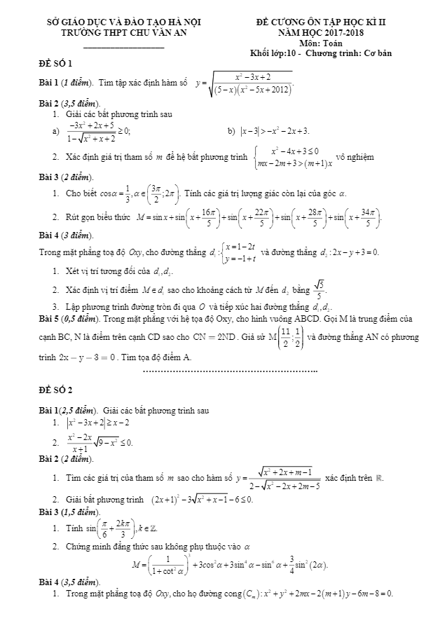 Đề cương ôn tập Toán 10 HK2 năm 2017 – 2018 trường Chu Văn An – Hà Nội (Ban cơ bản)