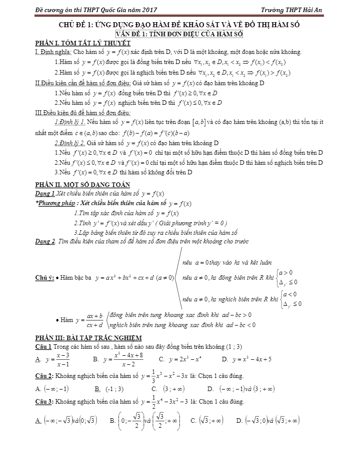 Đề cương ôn thi THPT Quốc gia 2017 môn Toán trường THPT Hải An – Hải Phòng