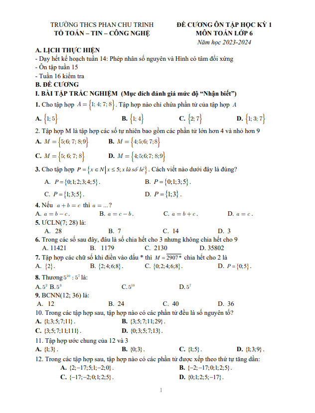 Đề cương Toán 6 học kì 1 năm 2023 – 2024 trường THCS Phan Chu Trinh – Hà Nội