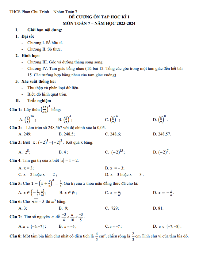 Đề cương Toán 7 học kì 1 năm 2023 – 2024 trường THCS Phan Chu Trinh – Hà Nội