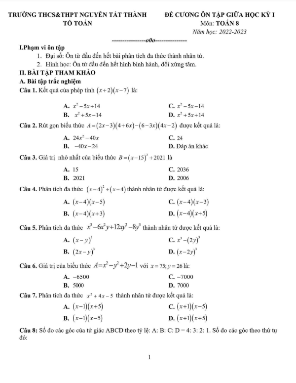 Đề cương Toán 8 giữa kỳ 1 năm 2022 – 2023 trường Nguyễn Tất Thành – Hà Nội
