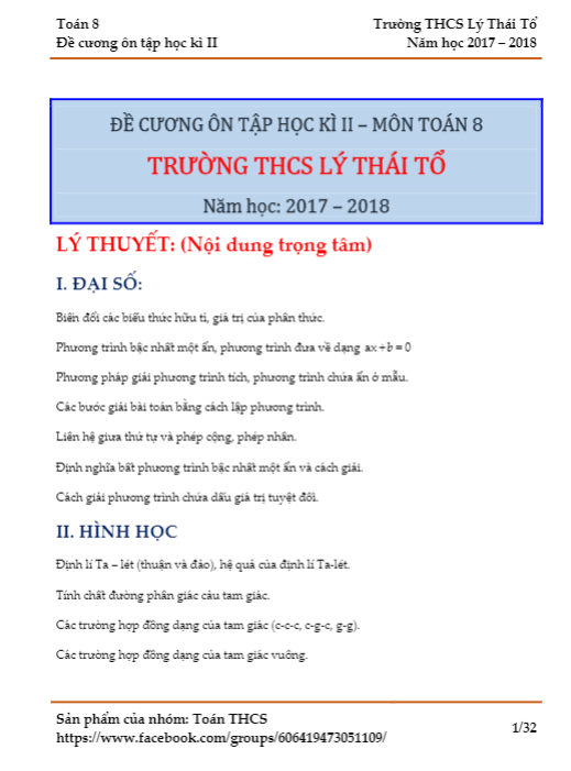 Đề cương Toán 8 HK2 năm học 2017 – 2018 trường THCS Lý Thái Tổ – Hà Nội