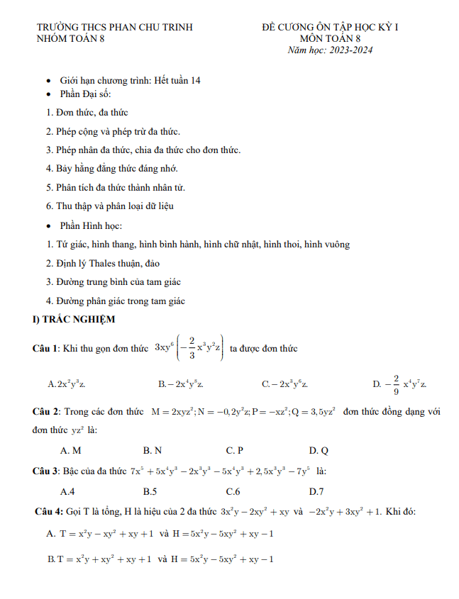 Đề cương Toán 8 học kì 1 năm 2023 – 2024 trường THCS Phan Chu Trinh – Hà Nội