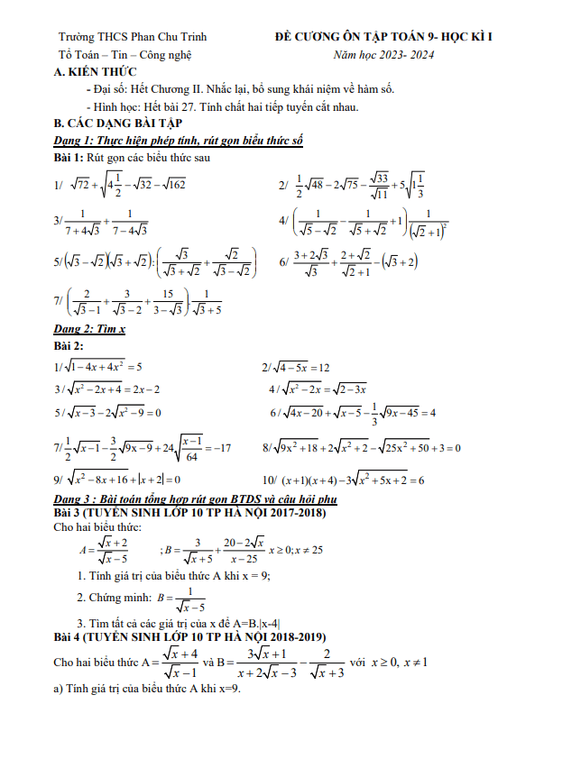Đề cương Toán 9 học kì 1 năm 2023 – 2024 trường THCS Phan Chu Trinh – Hà Nội