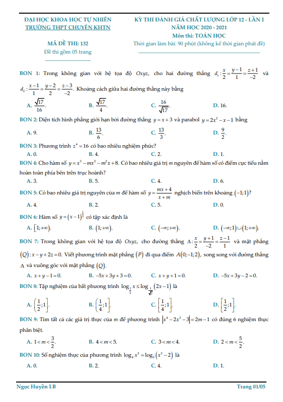 Đề đánh giá chất lượng Toán 12 lần 1 năm 2020 – 2021 trường chuyên KHTN – Hà Nội