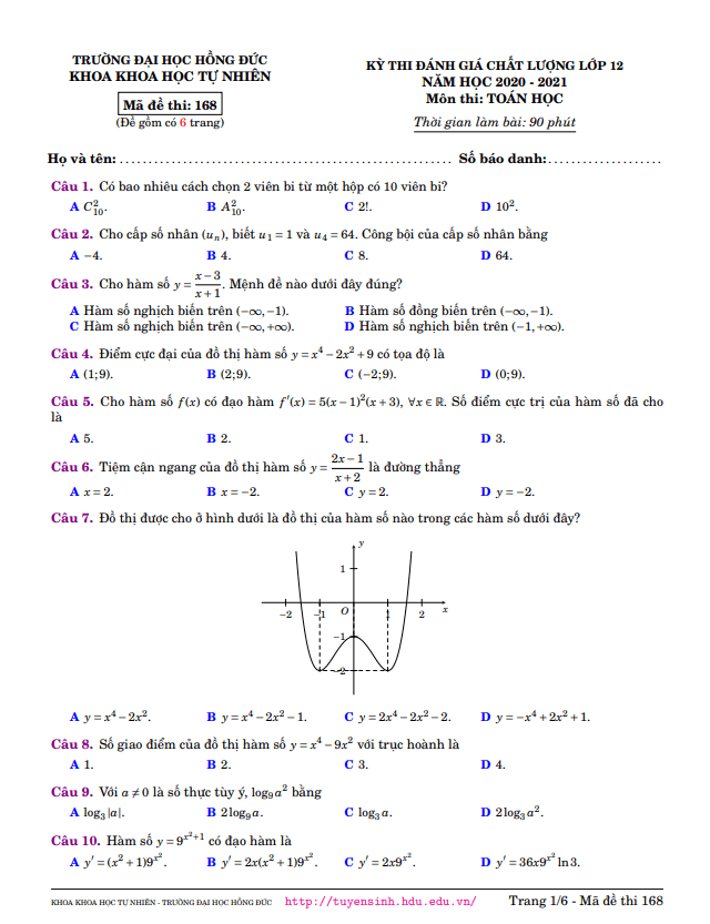 Đề đánh giá chất lượng Toán 12 năm 2020 – 2021 trường Đại học Hồng Đức – Thanh Hóa