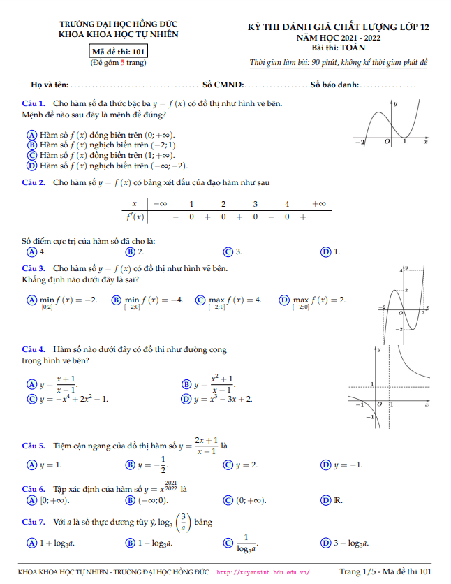 Đề đánh giá chất lượng Toán 12 năm 2021 – 2022 trường Đại học Hồng Đức – Thanh Hóa