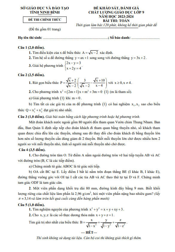 Đề đánh giá chất lượng Toán 9 năm 2023 – 2024 sở GD&ĐT Ninh Bình