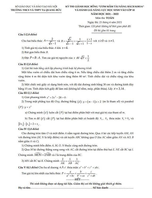 Đề đánh giá năng lực Toán thi vào 10 năm 2021 – 2022 trường Tạ Quang Bửu – Hà Nội